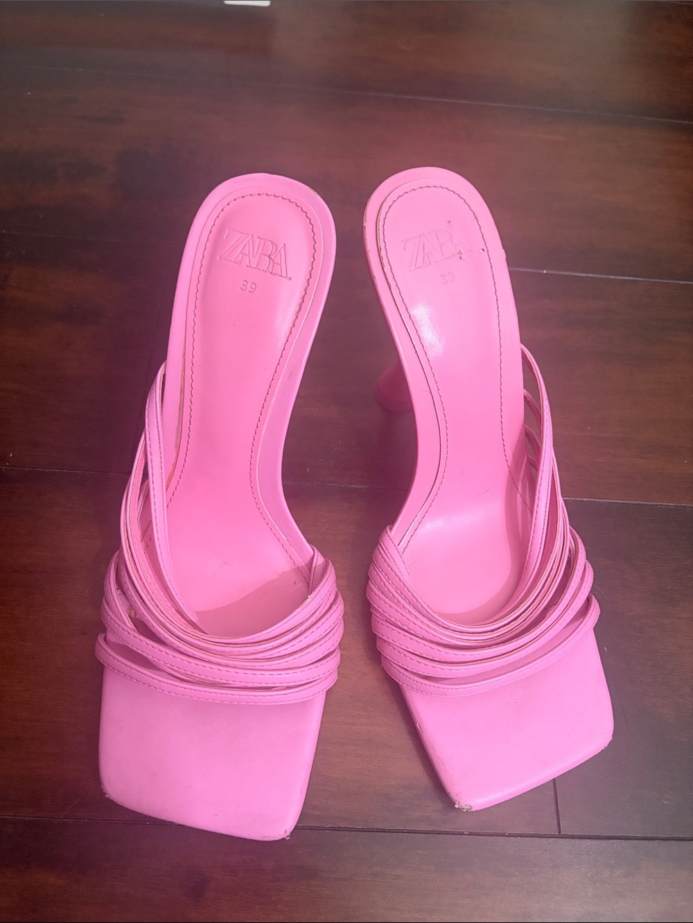 ZARA Pink Strappy Square-Toe Slide Heels